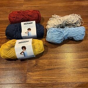 5 Bernat Softee Cotton Blend Yarn Bundle - Red, Blue, Yellow, Cream 120g